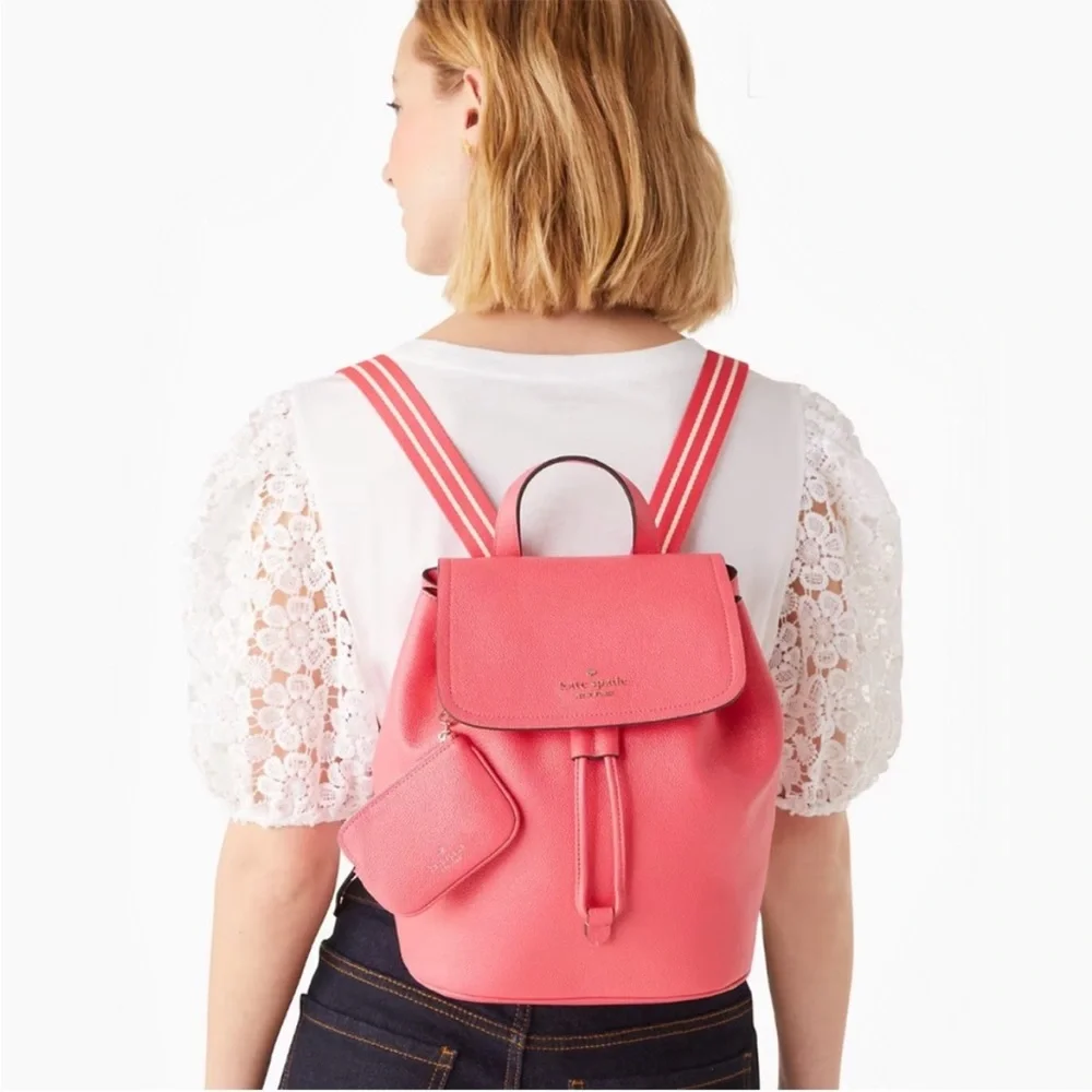 KATE SPADE Pink Leather Rosie Medium Flap Backpack w Keychain Pouch Stripe Strap